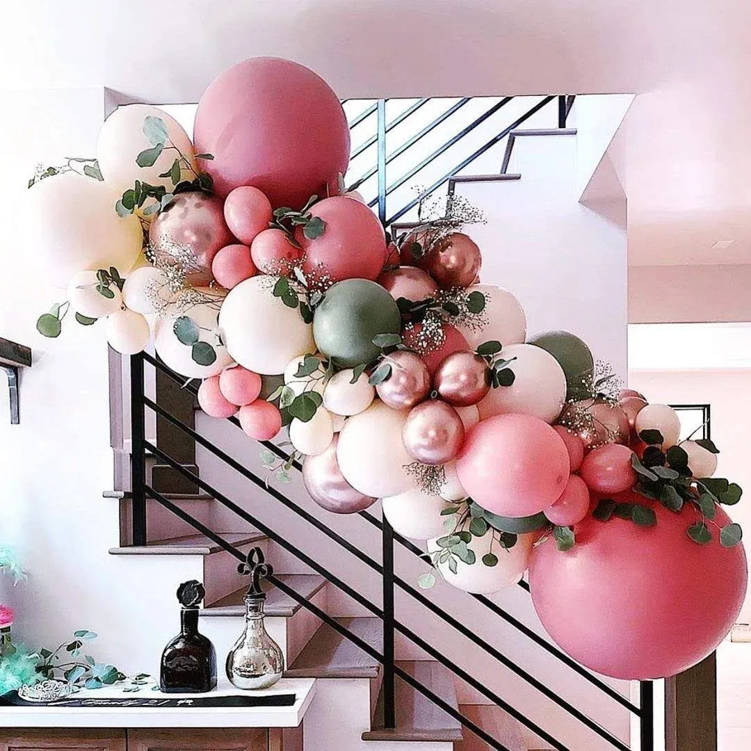 SEETcOMA Rose Red Balloon Garland Arch Kit - 102 Pack Olive Green Rose Red Blush Balloons,Metallic Rose Gold Balloon for Wedding Baby