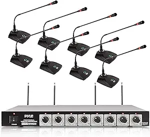 Pyle 8 Channel Wireless Microphone System - Portable VHF Cordless Audio Mic Set with 1/4" and XLR Output, Dual Antenna, - Includes 8 Table Top Mics, Rack Mountable Receiver Base - Pyle PDWM8300,Black