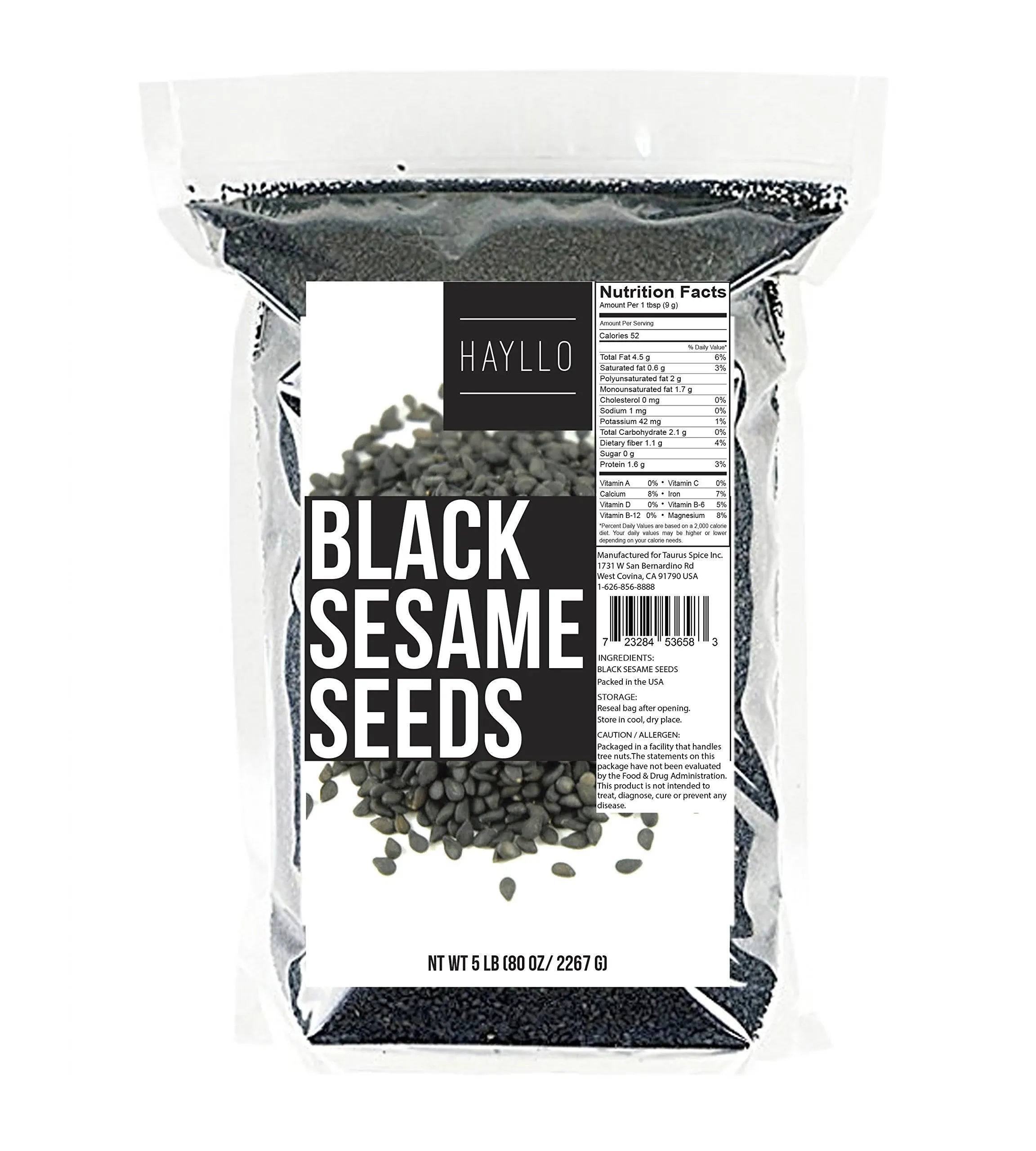 HAYLLO Bulk Premium Black Indian Sesame Seeds in Resealable Bag, 5 lbs