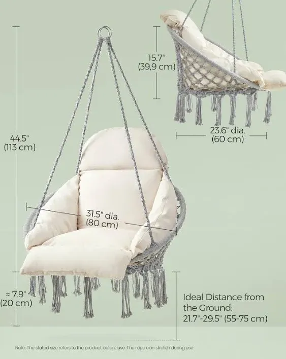 SONGMICS Hanging Chair, Hammock Chair with Large, Thick Cushion, Boho Swing Chair for Bedroom, Patio, Balcony, Garden, Holds up to 264 lb, Accessories Included, Dove Gray and Cream White UGDC042M11