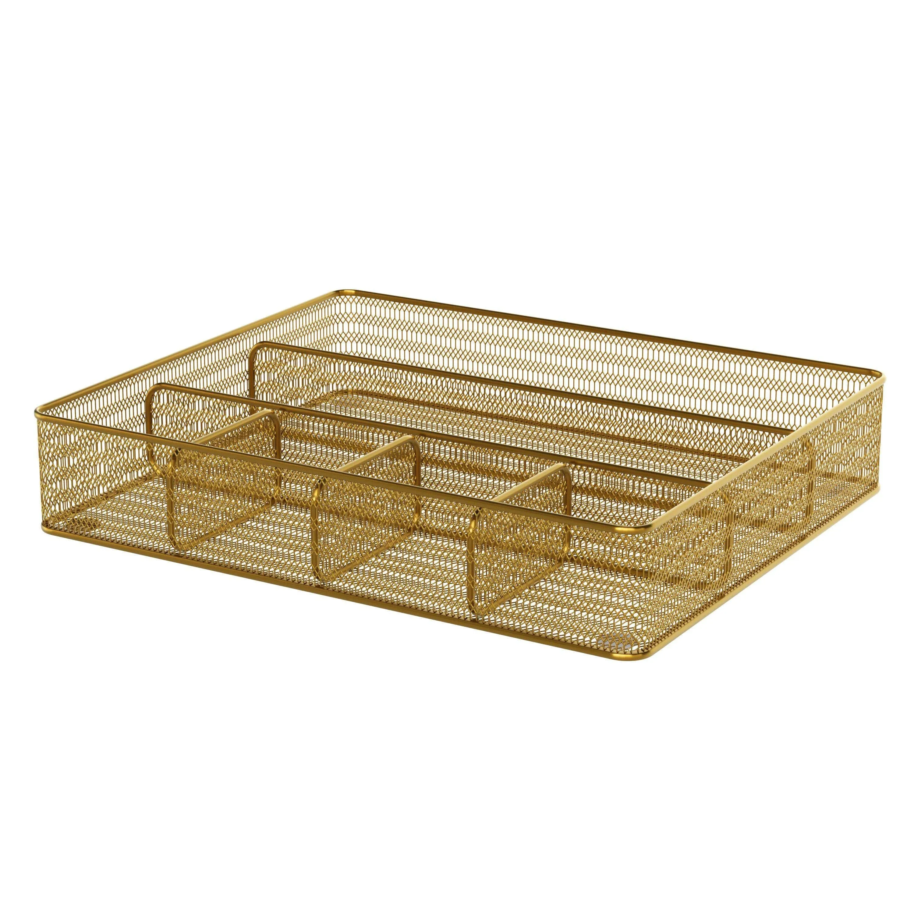 Martha Stewart Ryder Gold Mesh Metal 6 Compartment Large Desk Drawer Organizer for Accessories and Office Supplies