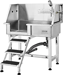 VEVOR Professional 34 inch 34" Stainless Steel Pet Washing Station Bath Water-Resistant Grooming Tub for Dogs with Removable Door & Ladder on The Left, Silver