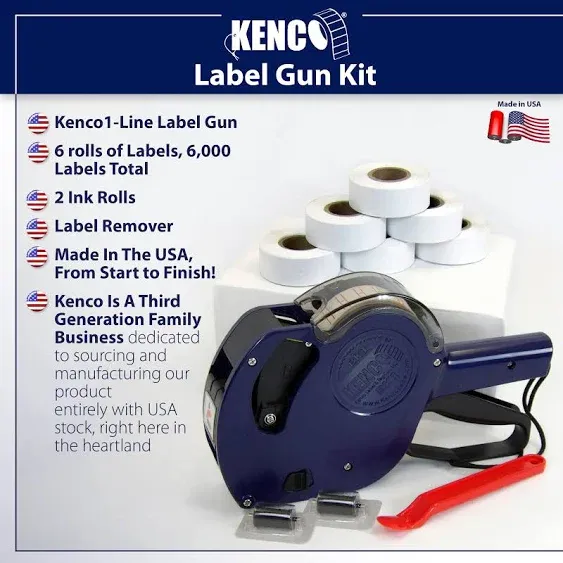 Kenco BK 1 Line Price Gun Kit - Includes 6,000 Labels, 2 Ink Rollers, Label Scraper - 8 Digit Labeler for Pricing, Dating, and Coding (BK-1 KIT Standard)