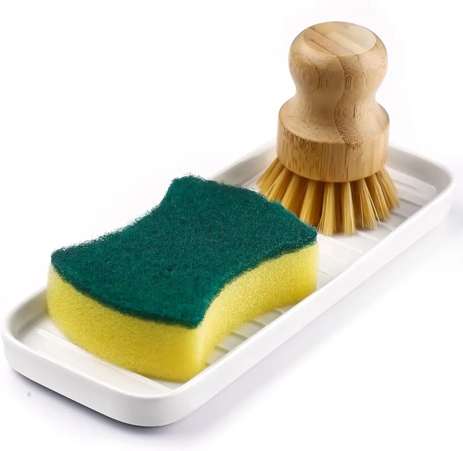 Nucookery 9" Ceramic Sponge Holder for Kitchen Sink Dish Soap Dispenser Tray Rectangle Sink Soap Tray Easy to Clean