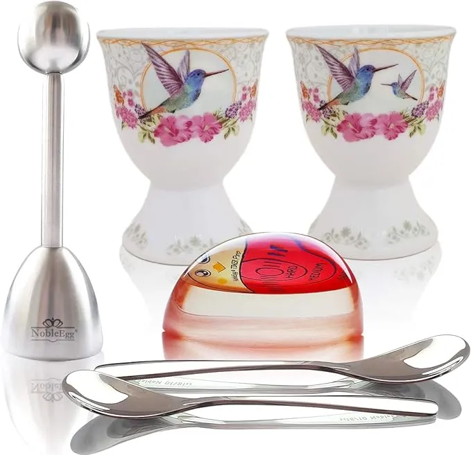 NobleEgg Complete Egg Cracker Topper Set | Unique Egg Cups for Soft Boiled Eggs, Egg Timer Pro, True 18/10 Egg Spoons, Egg Topper, Stylish Gift/Storage Box