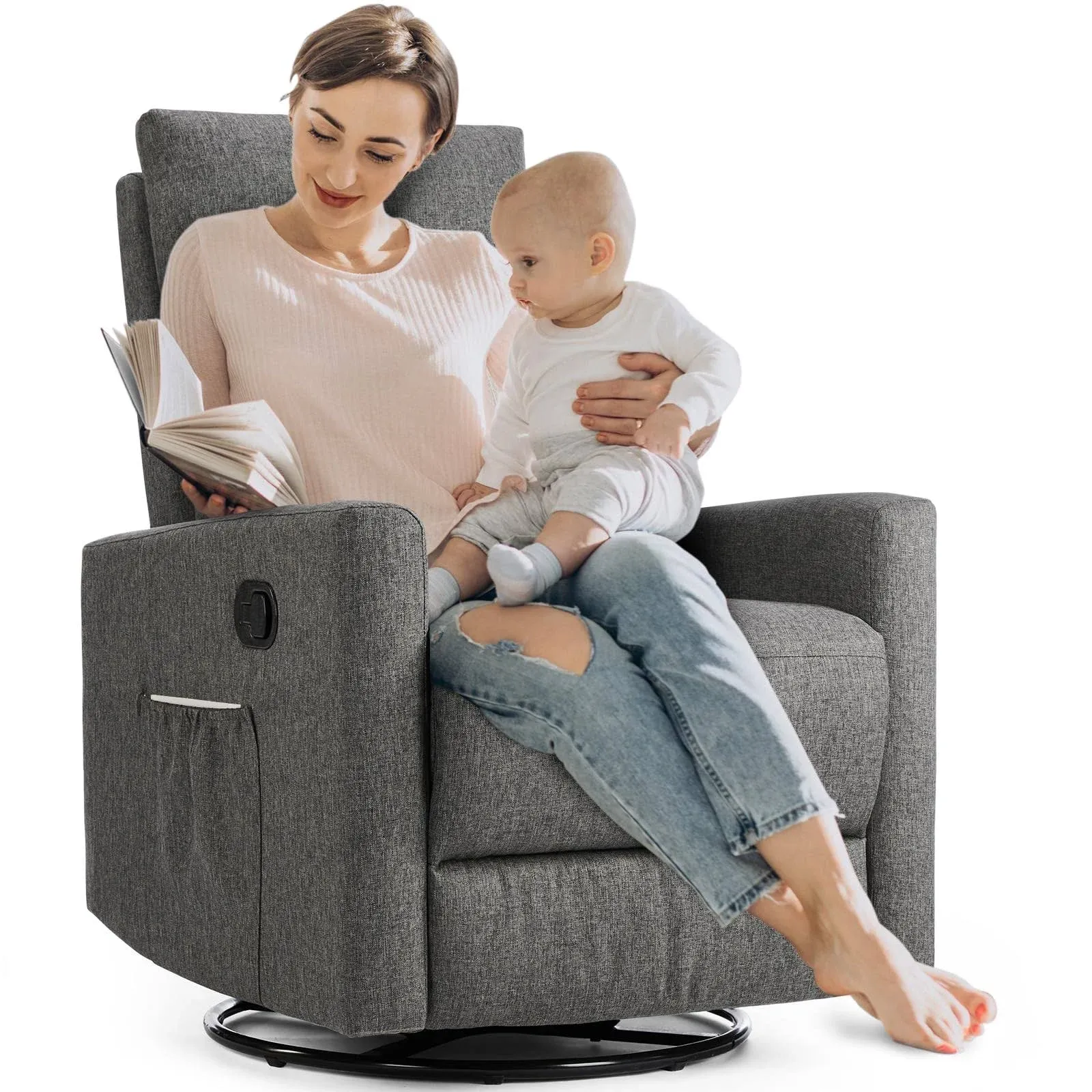 Sweetcrispy Swivel Rocking, Glider Rocker Recliner, Nursery Chair with Extra Large Footrest for Living Room, High Back, Upholstered Seat (deep Grey)