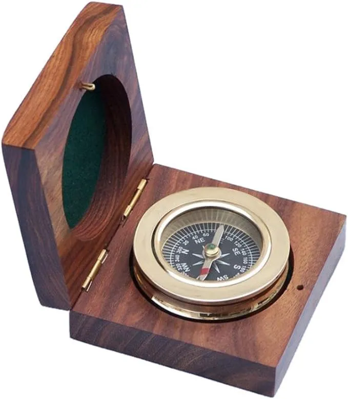 Brass Paperweight Compass w/ Rosewood Box 3"