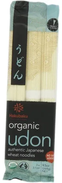 Hakubaku Organic Udon, Authentic Japanese Wheat Noodles, No Added Salt, 9.5 Ounce (Pack of 8)