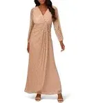 Adrianna Papell Metallic Crinkled Mesh Draped Long Gown, Light Gold, Size: 4