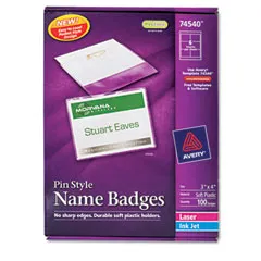 Avery Pin-Style Badge Holder with Laser-Inkjet Insert, Top Load, 4 x 3, White, 100-box