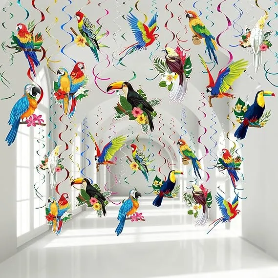 30 Tropical Birds Decorations, Tropical Hawaiian Toucan Parrot Party Hanging Swirl Foil Ceiling Decor for Summer Luau Hawaiian Beach Pool Party Tiki