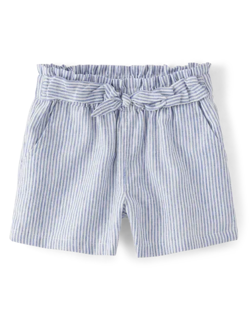 Girls Striped Linen-Blend Tie Front Shorts - Blue