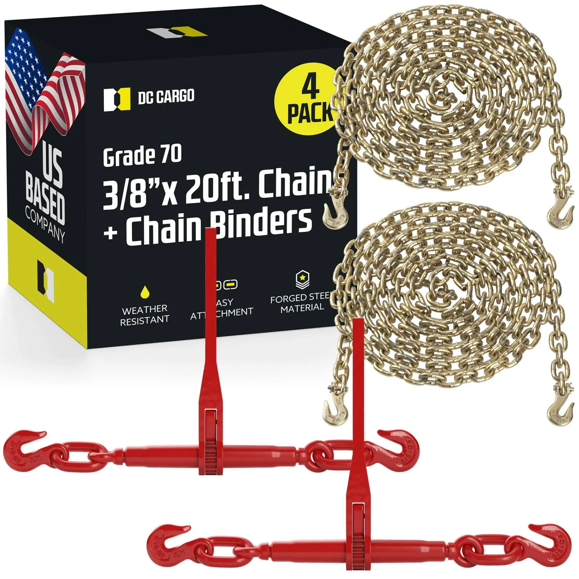 DC Cargo Chain Binder Kit (2 Sets) | 5/16" Grade 70 Extra Long 20 Foot Chain - and Load Binder Set | Heavy Duty Ratcheting Chain and Binder | Load Chain and Binders – 4,700lb Working Load Limit As Set