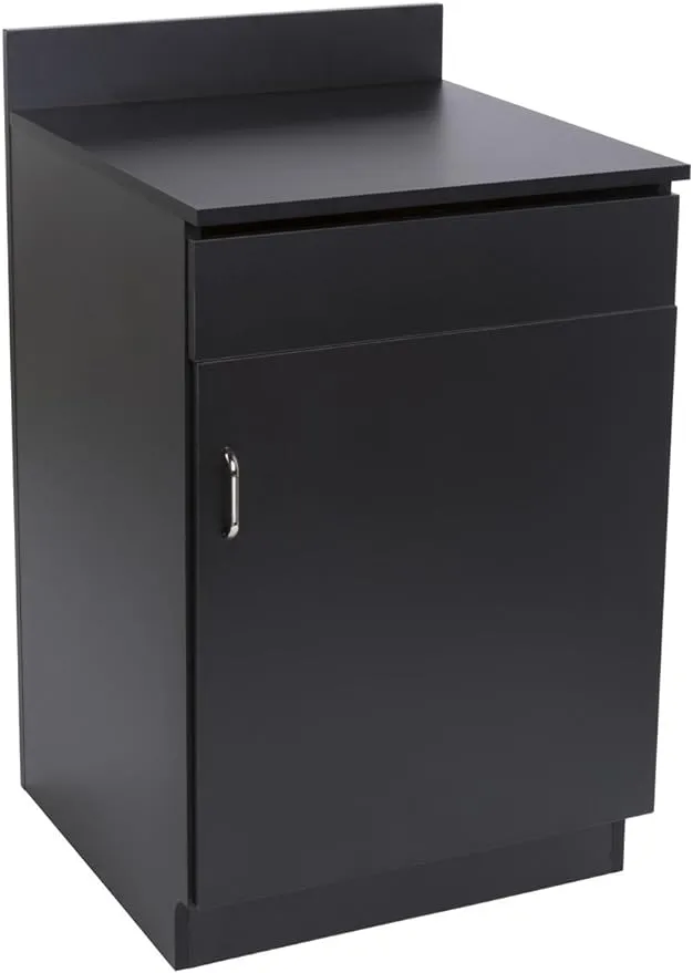 Displays2go Serving Station for Restaurants, Single Cabinet Door, Adjustable Shelf, Pullout Drawer - Black (LCKDSDWSBK)