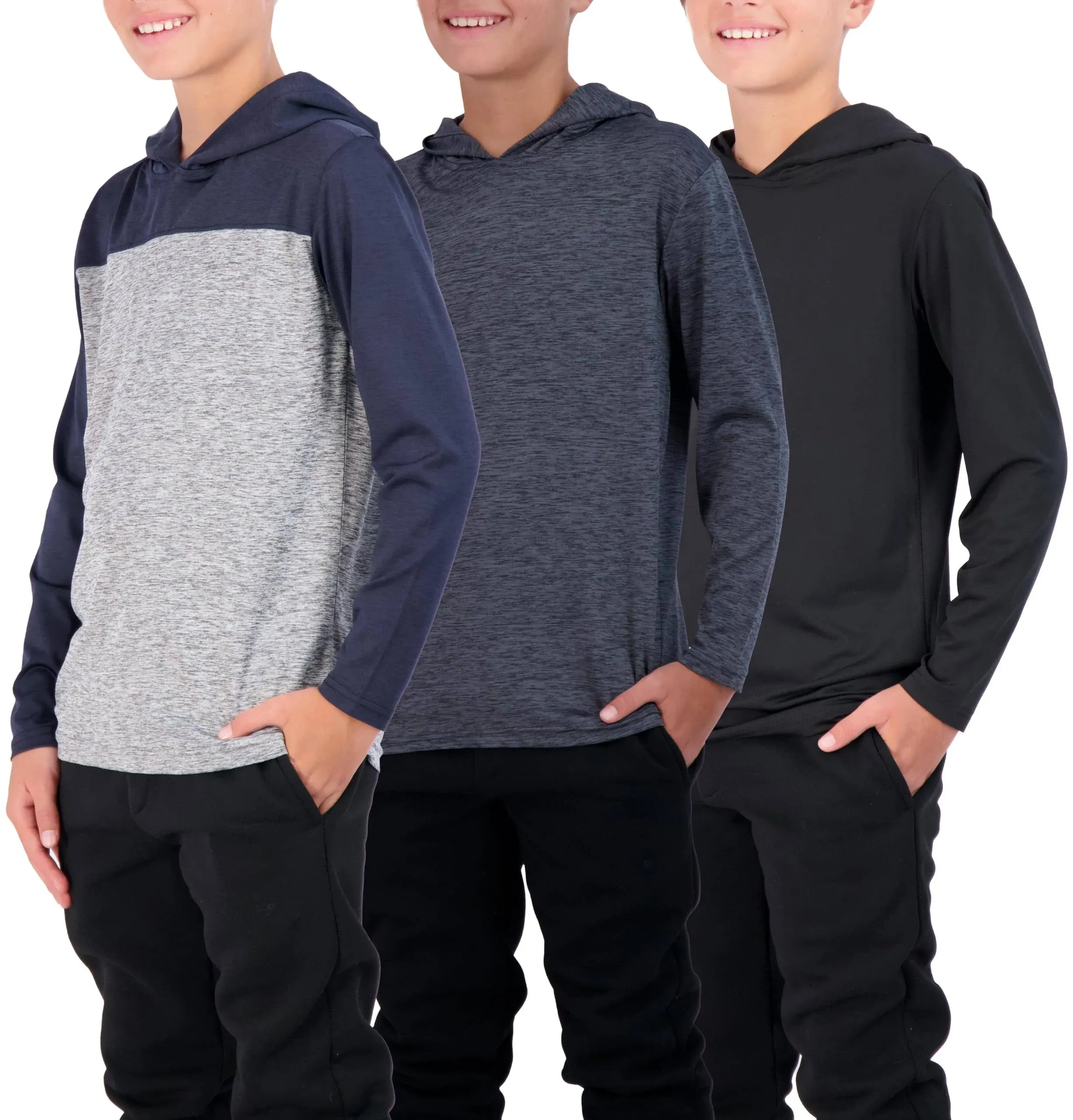 3 Pack: Dry-Fit Youth Boys Teen Active Long Sleeve Hoodie Sweatshirts - Hooded Pullover Shirts