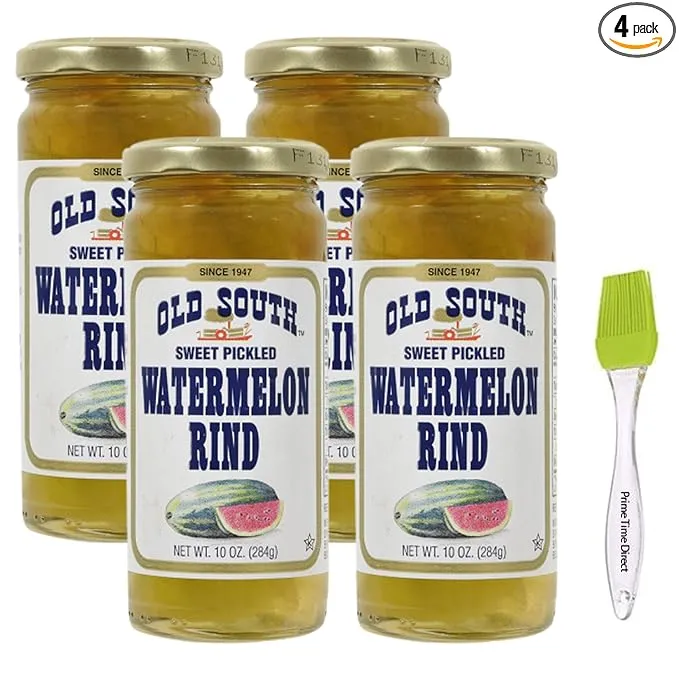 Old South Sweet Pickled Watermelon Rind 10 Oz Jar (Pack of 4) Bundle with PrimeTime Direct Silicone Basting Brush in a PTD Sealed Bag