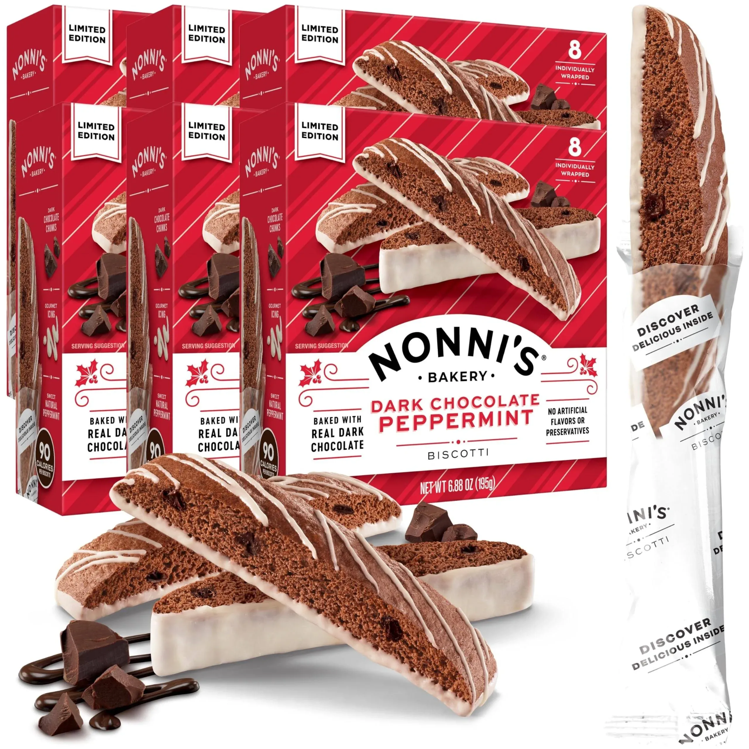 Nonni's Dark Chocolate Peppermint Biscotti - 6 Boxes Christmas Cookies - Italian Biscotti Cookies w/Dark Chocolate White Icing & Peppermint Candy - Biscotti Individually Wrapped Cookies - 6.88 oz