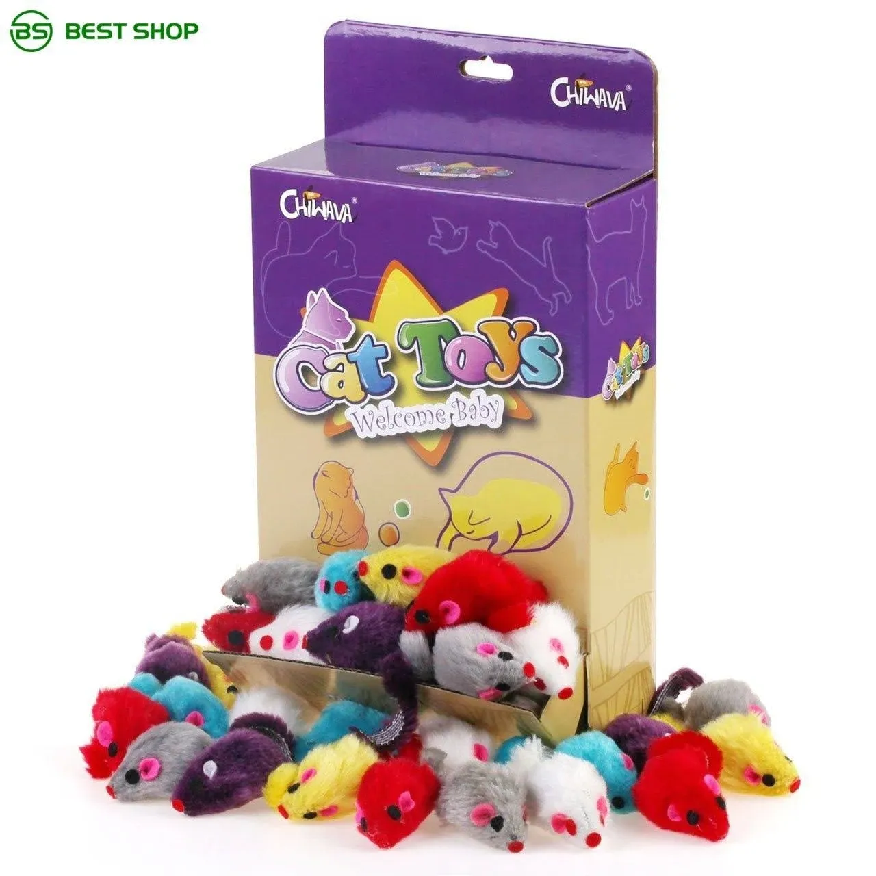 CHIWAVA 36PCS 4.1'' Furry Cat Toy Mice Rattle Small Mouse Kitten Interactive Play Assorted Color