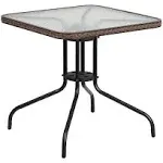 Flash Furniture 28'' Square Tempered Glass Metal Table with Dark Brown Rattan Edging