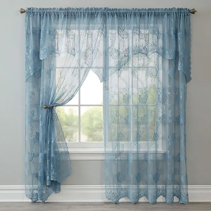 BrylaneHome Ella Floral Lace Panel with Attached Valance - 58" W 84" L, Cornflower Blue