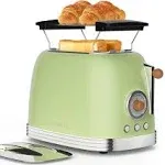 CROWNFUL 2-Slice Toaster with Extra Wide Slots, Retro Stainless Steel, 6-Shade Settings, Removal Crumb Tray, Green