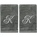 Monogrammed Towels Fingertip, Personalized Gift, 11 x 18 Inches - Set of 2- Silver Embroidered Towel - Extra Absorbent 100% Cotton- Soft Velour Finish - For Bathroom/ Kitchen/ Spa- Initial K (Gray)