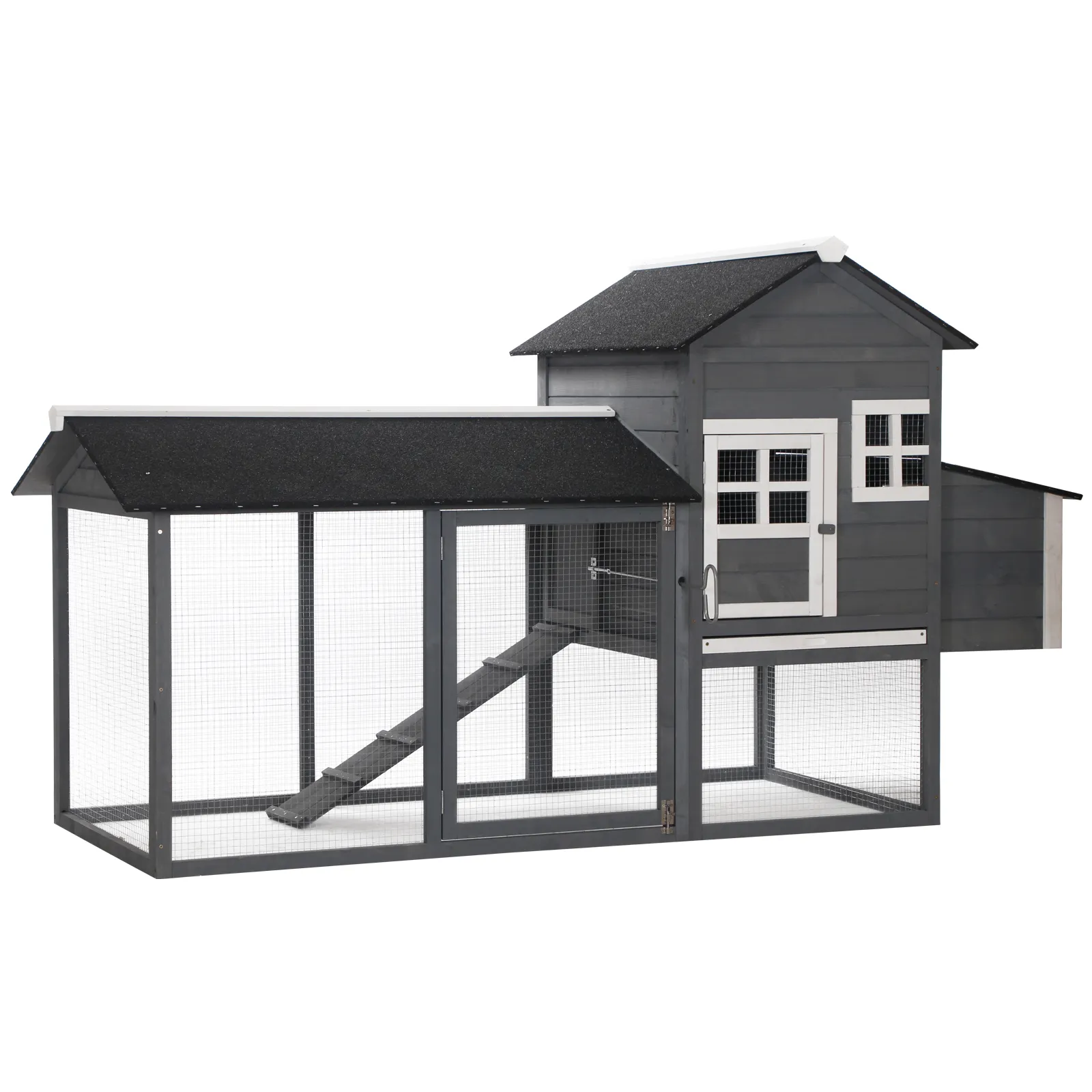 PawHut 84" Wooden Chicken Coop, Chicken House Poultry Hen Cage with Covered Big Run, Nesting Box, and Perches, Gray