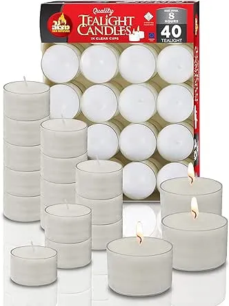 Ner Mitzvah Long Burning Tealight Candles - 8 Hours - White in Clear Cups - Unscented - 40 Pack - Made in EU