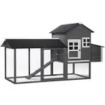 PawHut 84" Wooden Chicken Coop, Chicken House Poultry Hen Cage with Covered Big Run, Nesting Box, and Perches, Gray