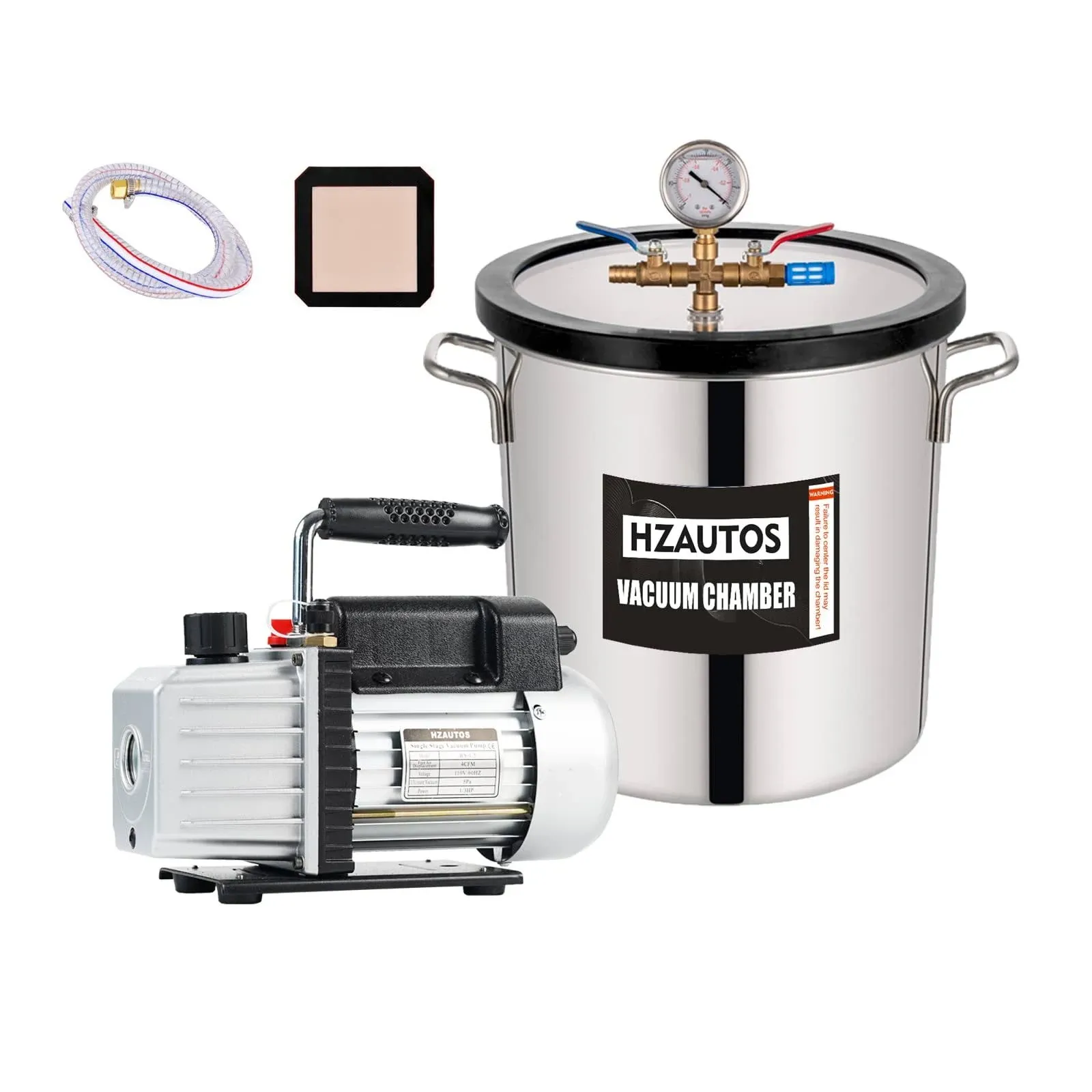 HZAUTOS 5 Gallon Tempered Glass Lid Vacuum Chamber and 4CFM 1 Stage Vacuum Pu...