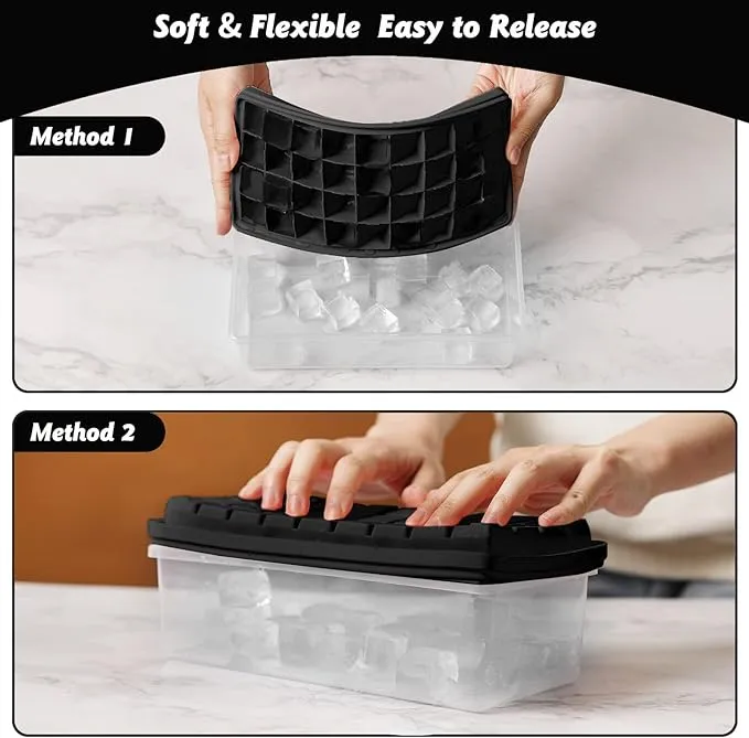 Food-grade Silicone Ice Cube Tray with Lid and Storage Bin for Freezer Easy-R...