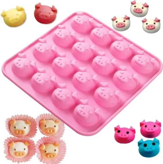 Newk Piggy Chocolate Silicone Mold, 4 Packs 16- Cavity Pig Face Emoticons Piglet Candy Molds for Jelly, Fondant, Hard Candy, Keto Fat Bombs, Resin