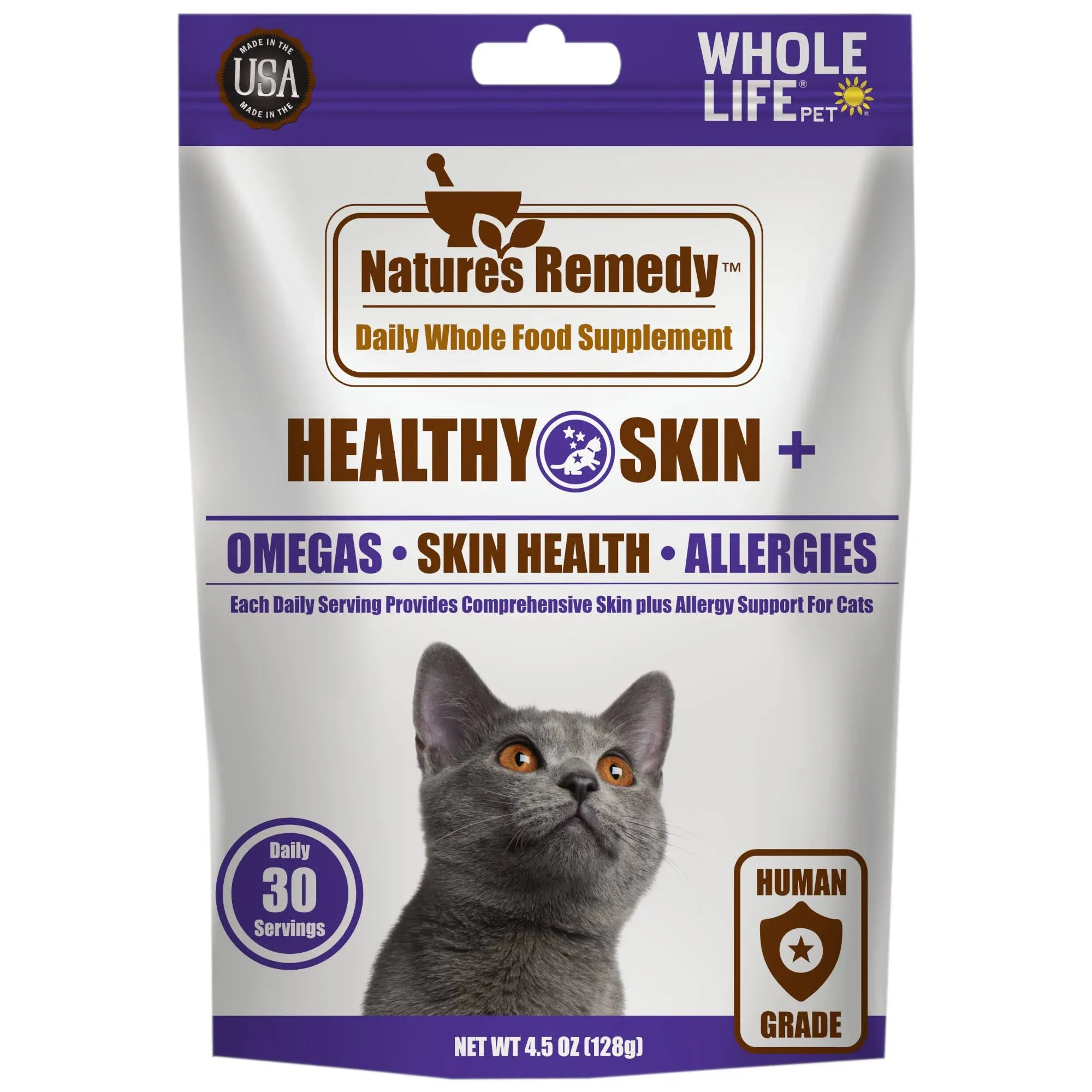 Whole Life Pet Healthy Skin Daily Supplement for Cats – Omegas, Probiotics, Antioxidants. Skin, Anti-Itch, Allergies. Mixes in Food or with Water for Hydrating Snack