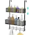 LUCYCAZ Adjustable Over The Door Hooks Organizer, Door Hanger Towel Rack with 10 Coat Hooks & 2 Mesh Basket, Over Door Storage Rack Back of Door Organizer for Barthroom Kitchen (Black)