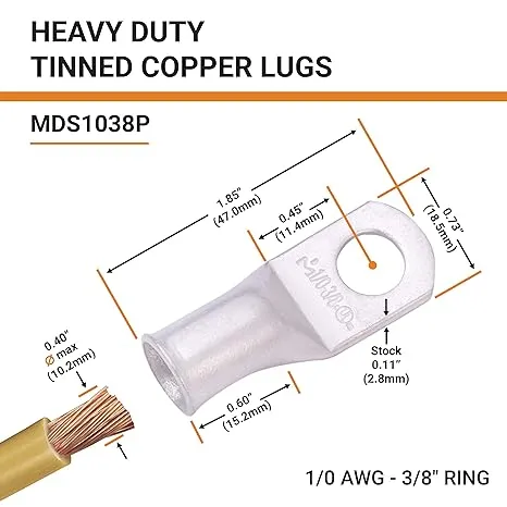 SELTERM 25pcs 1/0 AWG 3/8" Stud Marine Grade Tinned Copper Battery Cable Lugs, 0 Gauge Ring Terminals, UL Wire Lugs Electrical Battery Cable Ends, Tinned Copper Lugs Battery Terminal Connectors