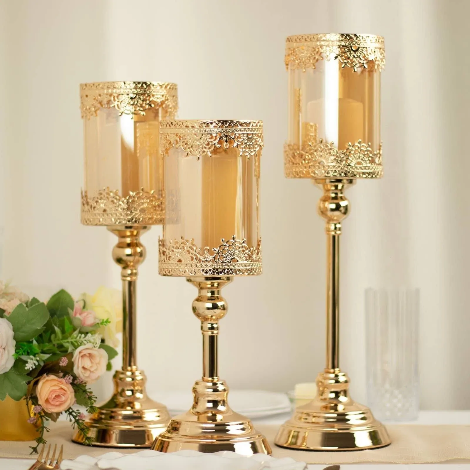 A2ZHome Set of 3 Antique Gold Lace Hurricane Glass Votive Candle Holders