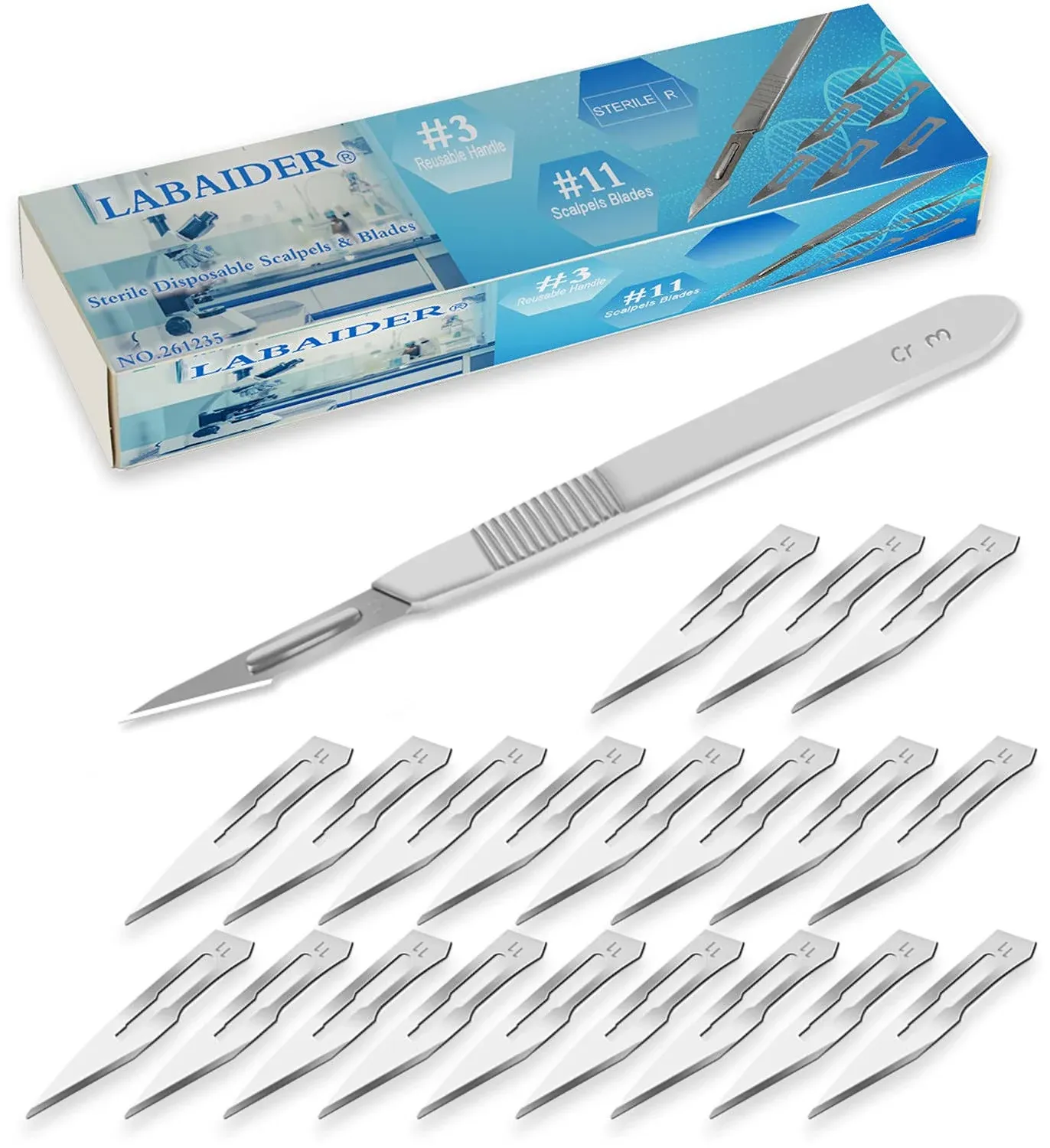 Surgical Grade Blades #11 20pcs Sterile with #3 Scalpel Knife Handle for Biology Lab Anatomy, Practicing Cutting, Medical Student, Sculpting, Repairing