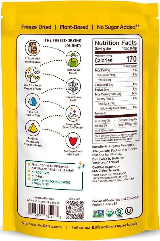 Natierra Nature's All Foods Organic Freeze-Dried Pineapples, USDA Certified Organic, Vegan, Non-GMO, 1.5 Ounce (Pack of 12)