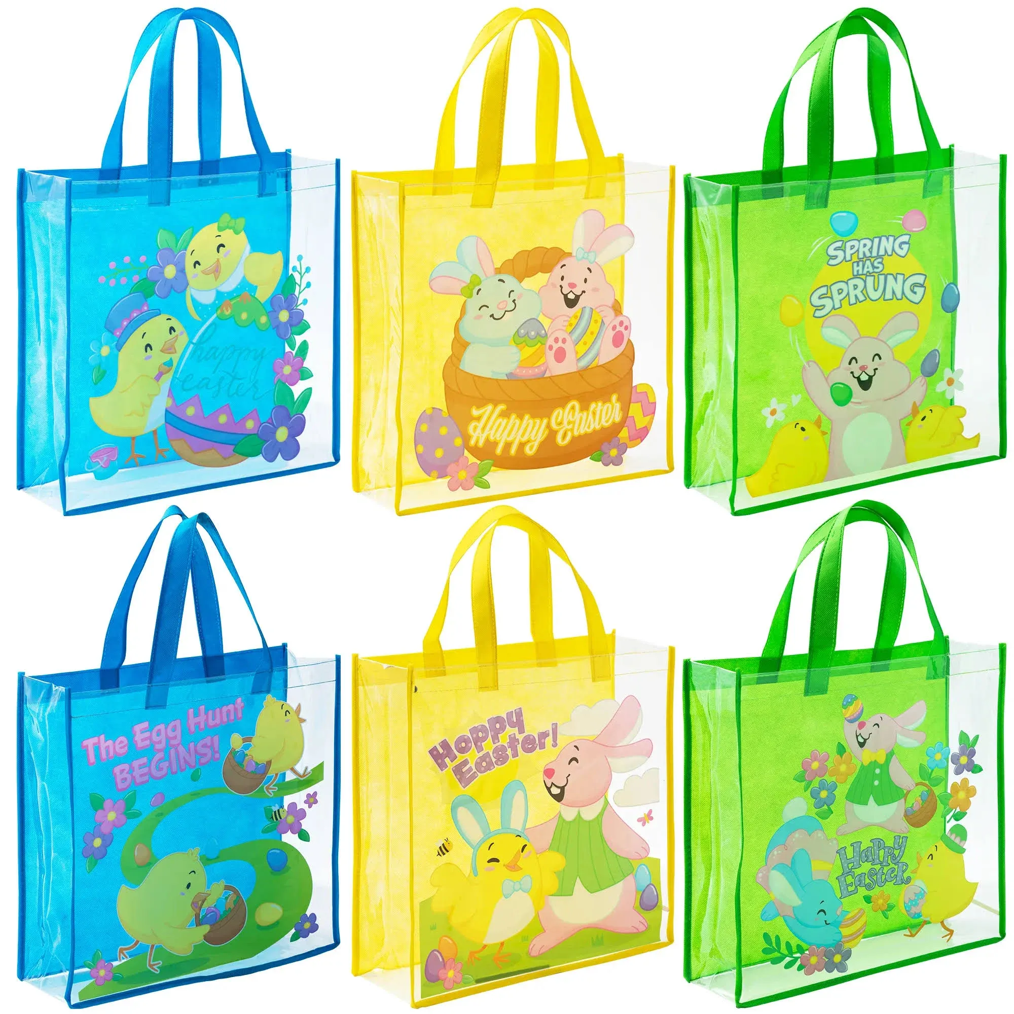 JOYIN 6 Pcs Easter Party Favor Supplies Gift Bags for Kids, 13" x 13" x 4" Big Size Non Woven Goodie Reusable Easter Rabbit Bunny Party Treat Bags