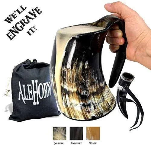 Alehorn Viking Mug, Shot Glass and Bottle Opener Bundle Fathers Day Gift Ideas - Viking Drinking Horn for Beer, Ale or Mead - 16 oz