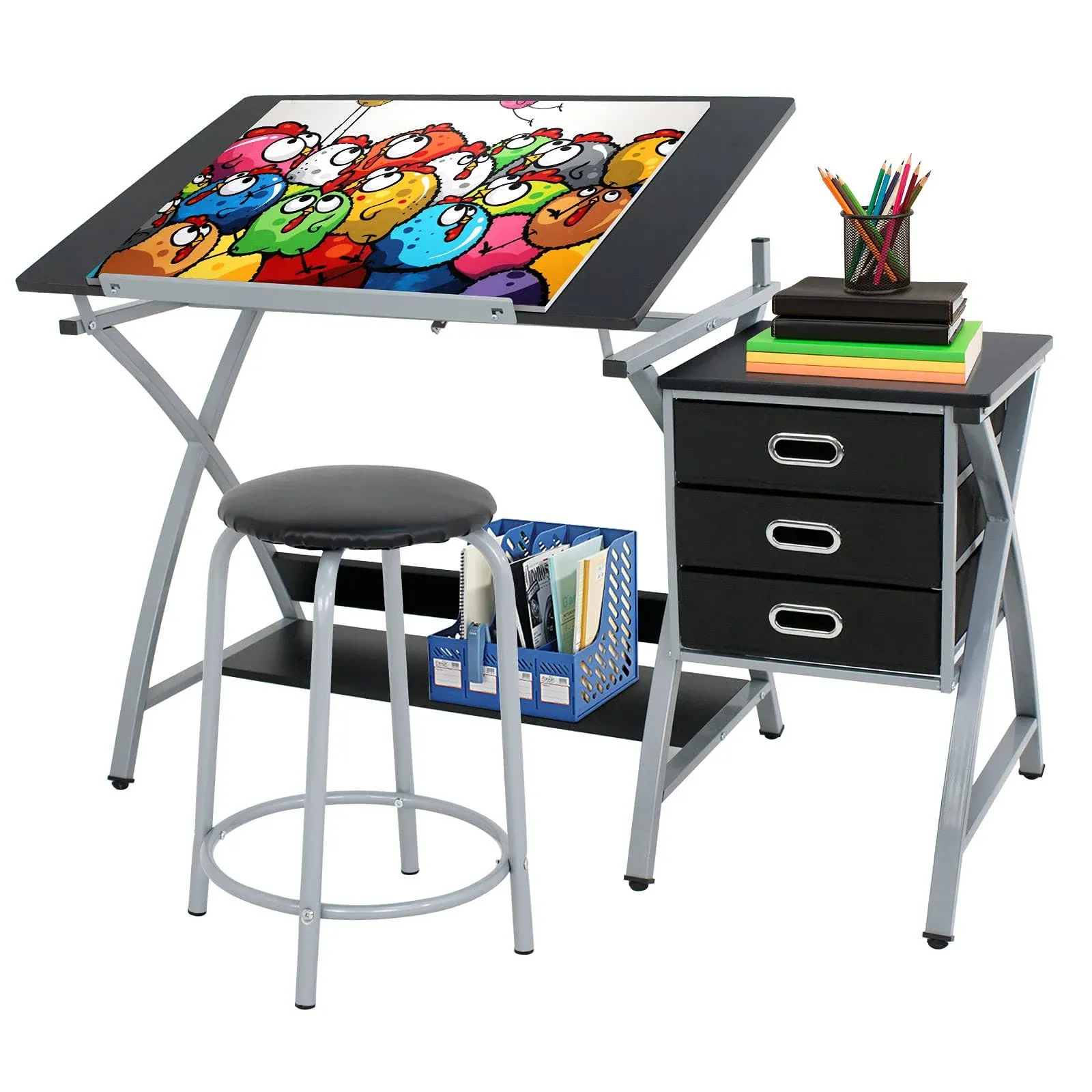 ZENY Drafting Table Tilted Draft Table Desk with Drawers, Art Table Drawing Desk Craft Table for Crafting, Painting, Sketching, Storage Drawers and Stool