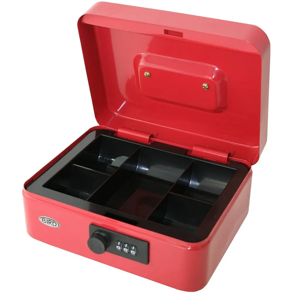 BIRD 8 Cash Box with Combination Lock and Removable 5 Section Coin Tray - RED Petty Cash Tin