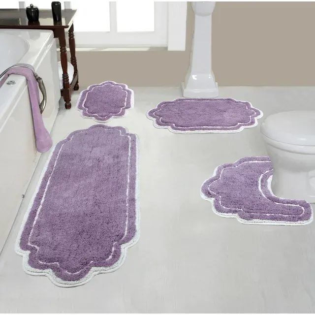 Home Weavers Allure Collection 100 Percent Cotton Tufted Supersoft and Absorbent Bath Rug Machine Washable, 4 Piece Set, Purple