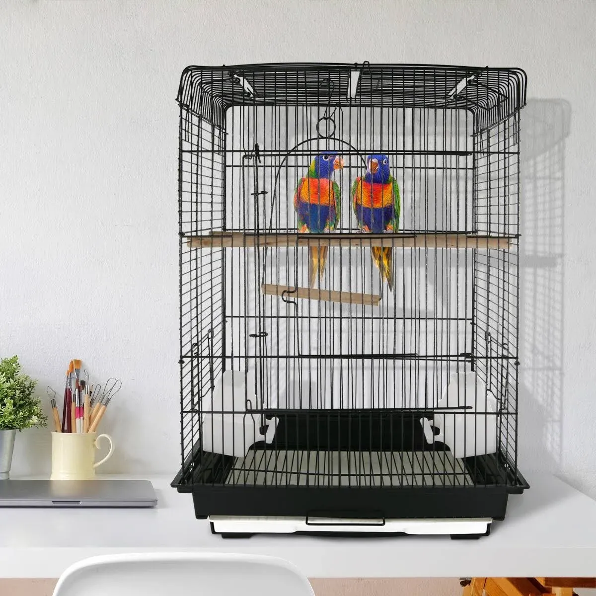 PawHut 22 inchh Steel Parrot Bird Cage Open Play Top Perch Feeding Bowl - Black