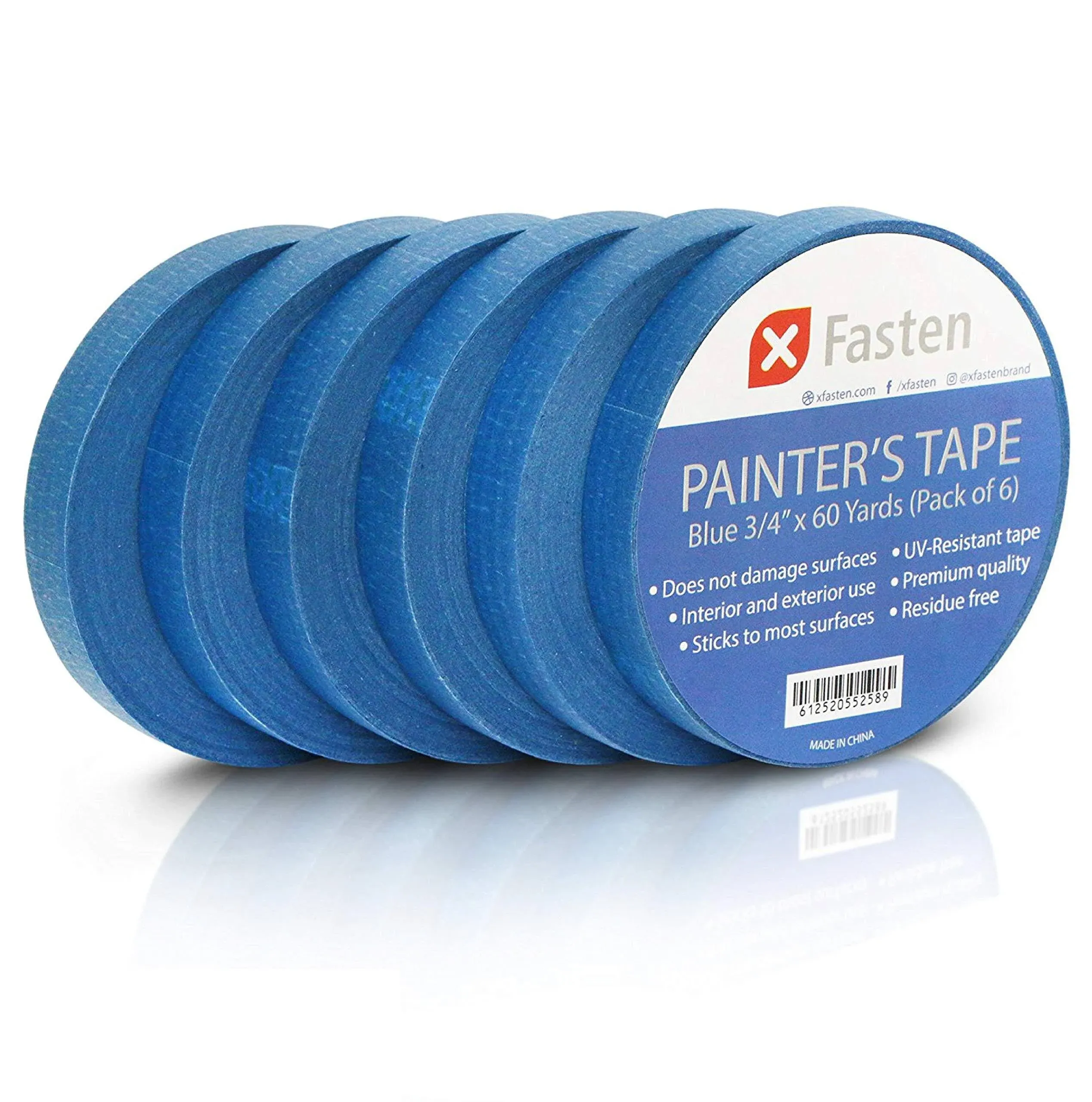 XFasten Blue Painters Tape, Multi-Use, 3/4 Inches x 60 Yards (Pack of 6)