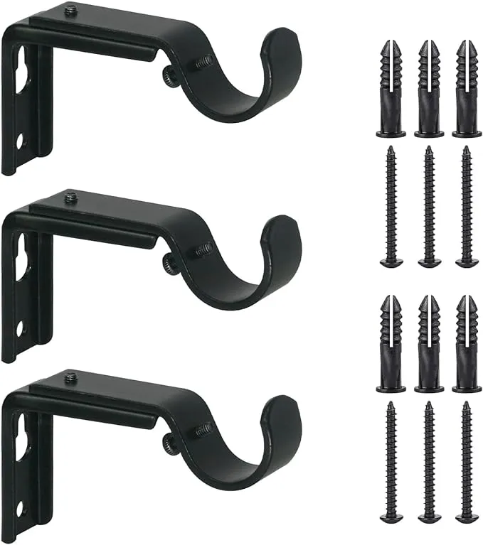 Curtain Rod Bracket Extenders Heavy Duty Adjustable Rod Holder Curtain Brackets for Wall for 7/8 or 1 Inch Rods, Set of 3 (Black)