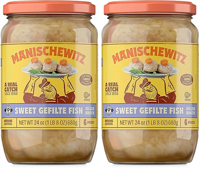 Manischewitz Gefilte Fish in Jelled Broth 24oz (2 Pack), Packed with Protein, No Added MSG, Kosher for Passover