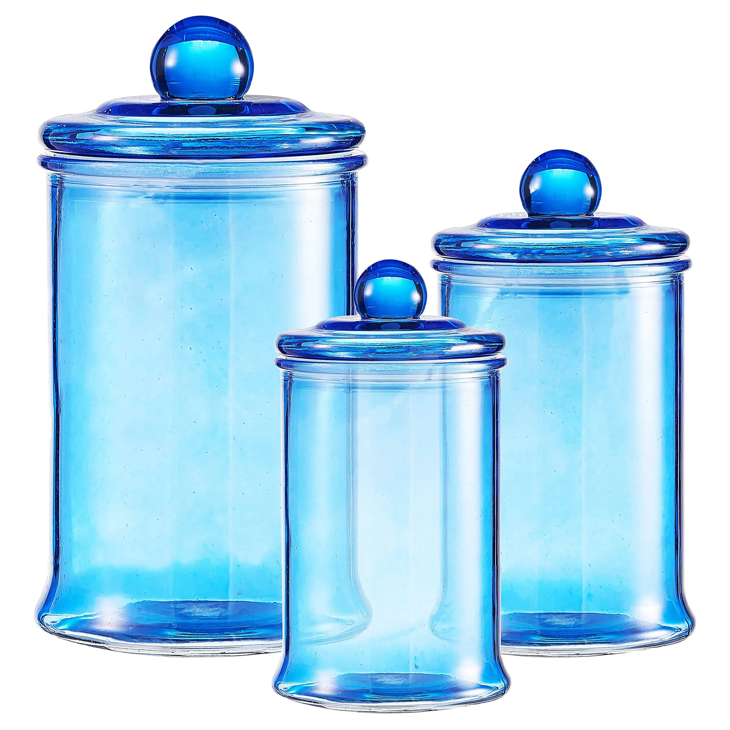 KMwares 3PCs Set Small Glass Premium Quality Apothecary Jars with lids Bathroom Accessories Set for Laundry Room Storage Kitchen/Vanity Organizer Canisters for Cotton Balls, Sponges,Q-Tips(Blue jar)