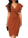 Oten Womens Deep V Neck Ruffle Sleeve Sheath Casual Cocktail Party Work Faux Wrap Dress