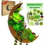 Hanging Moon Planter – 14pcs Artificial Succulent Plants for Moon Room Decor – Bedroom, Bathroom, Nursery – 12” Boho Rustic Metal Planters-